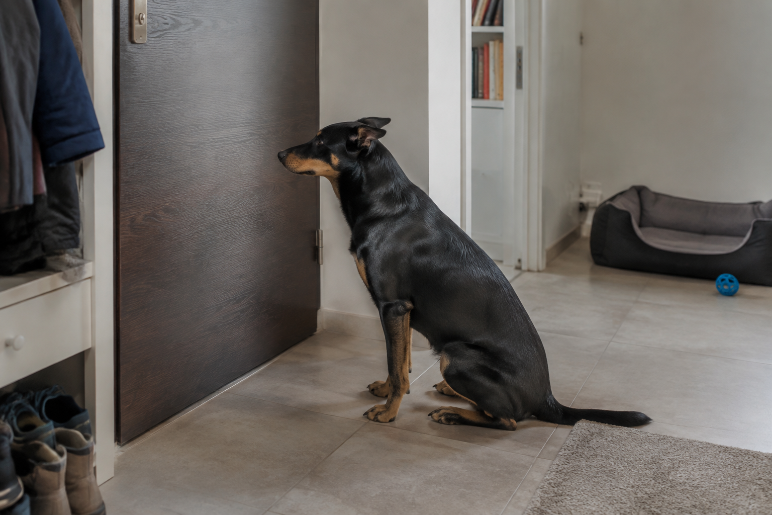 Australská kelpie čekající sama u zavřených vstupních dveří bytu